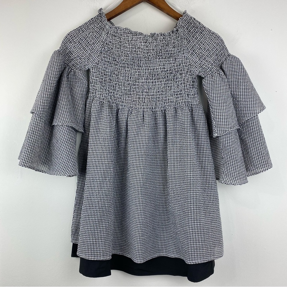 Lost In Lunar Medium Women’s Black White Gingham Smock Off Shoulder Blouse